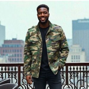 Tony Hawk jacket camo sherpa lined full front zip and snap military style Small